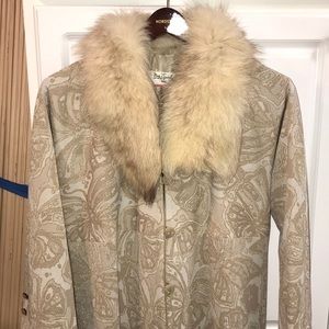 Vintage Butterfly Print Fur Collar Long Coat